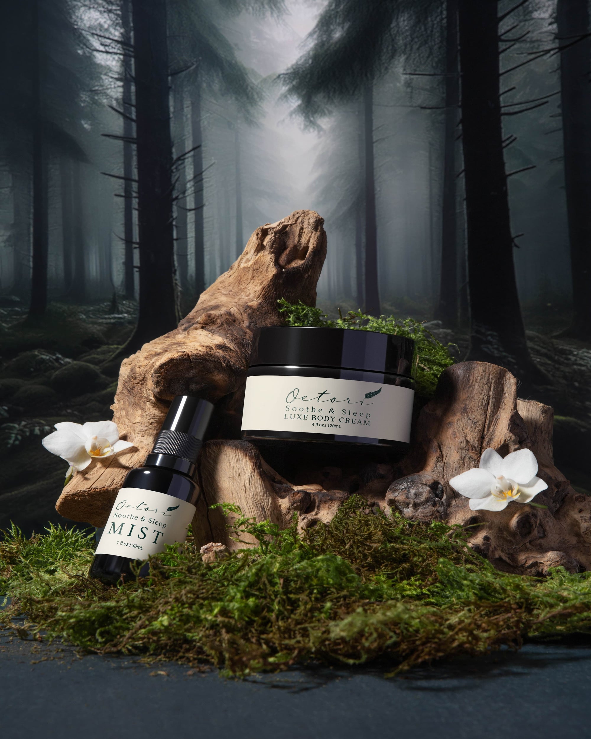 Oetori Sleep Collection with lavender sleep mist spray and plant-based body cream on moss and wood, natural aromatherapy products for restful sleep.